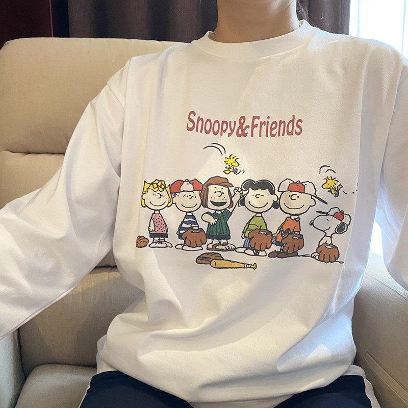 中长款纯棉袖宽松慵懒风秋冬女史努比印花打底百搭潮圆领T恤卫衣