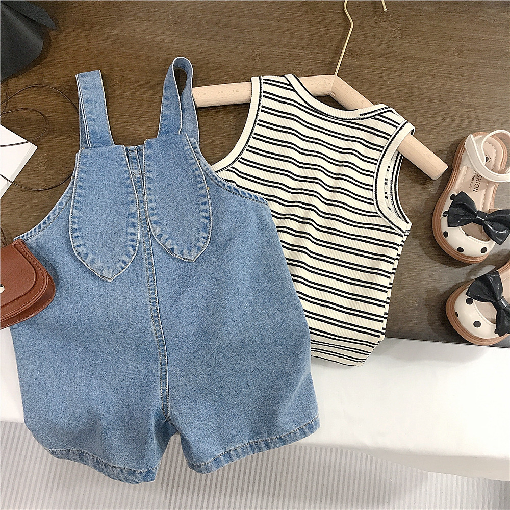 女童背心套装夏装洋气儿童条纹衣服韩版宝宝牛仔背带裤两件套