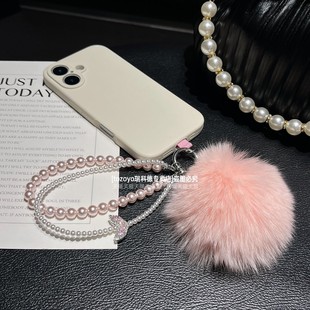 仙气手作手机链超亮珍珠双链条超大毛球包包挂坠挂链精致高级感鱼尾水钻重工手链手腕款轻奢串珠腕带钥匙扣壳
