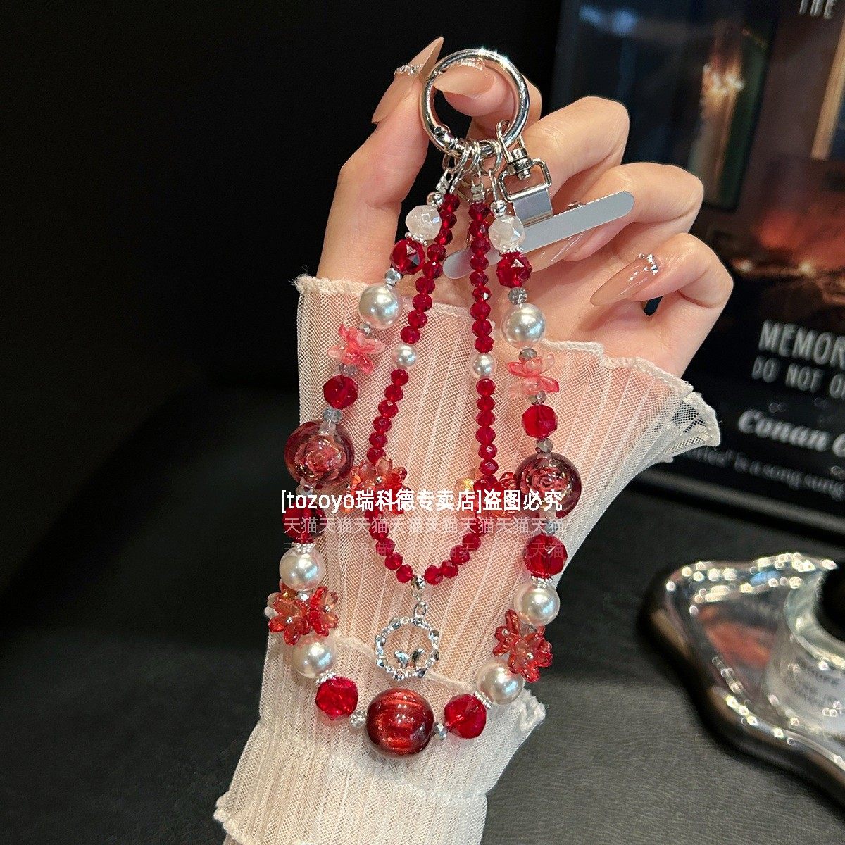 绝美高质感手机链真花水晶链条吊坠漂亮花朵串珠手腕挂链高端珍珠腕带酒红色手链小众高级挂饰钥匙挂件垫片壳