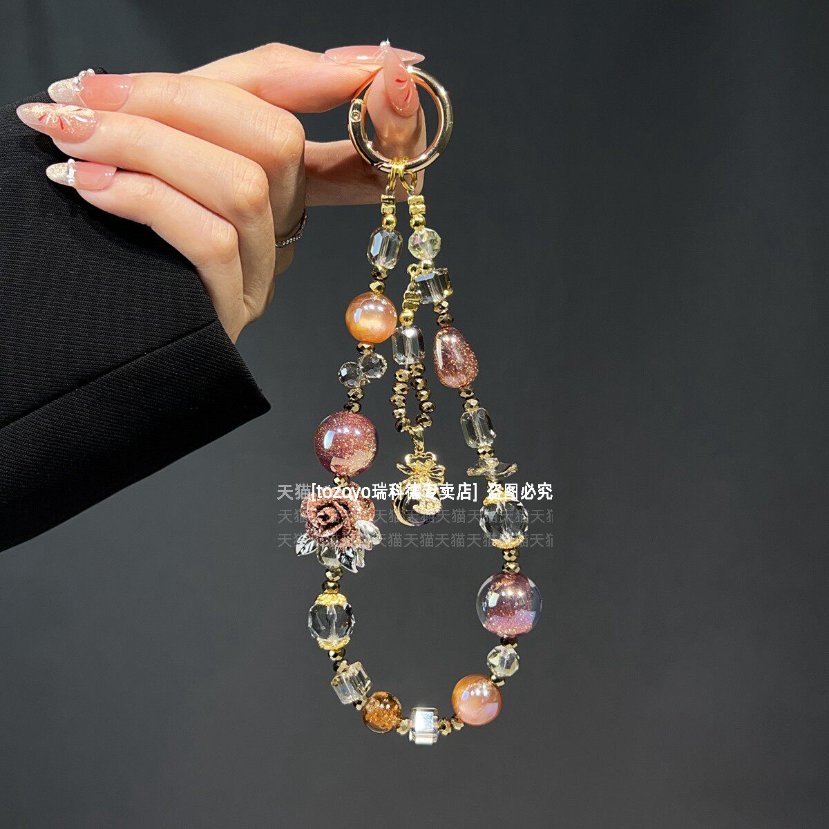 复古贵气棕色手机链防丢手腕绳挂件高档重工串珠挂链小众设计玫瑰花手