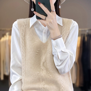 背心 宽松V领麻花外搭叠穿羊毛针织毛衣韩版 24新款 马甲背心女秋季
