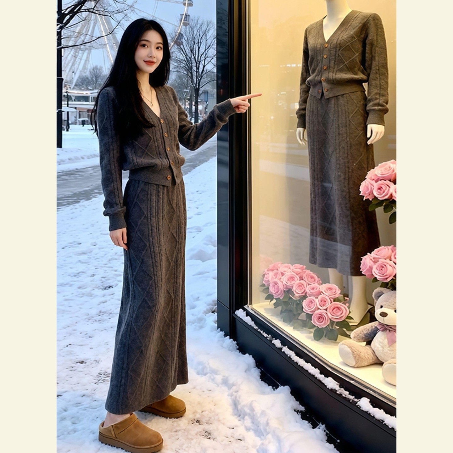 2025冬季超火一整套轻奢高级感减龄大方得体穿搭灰色针织衫套装裙