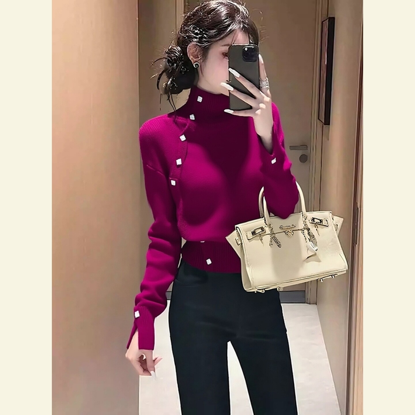 秋季别致独特上衣小众不撞款软糯慵懒风超好看玫紫色半高领毛衣女