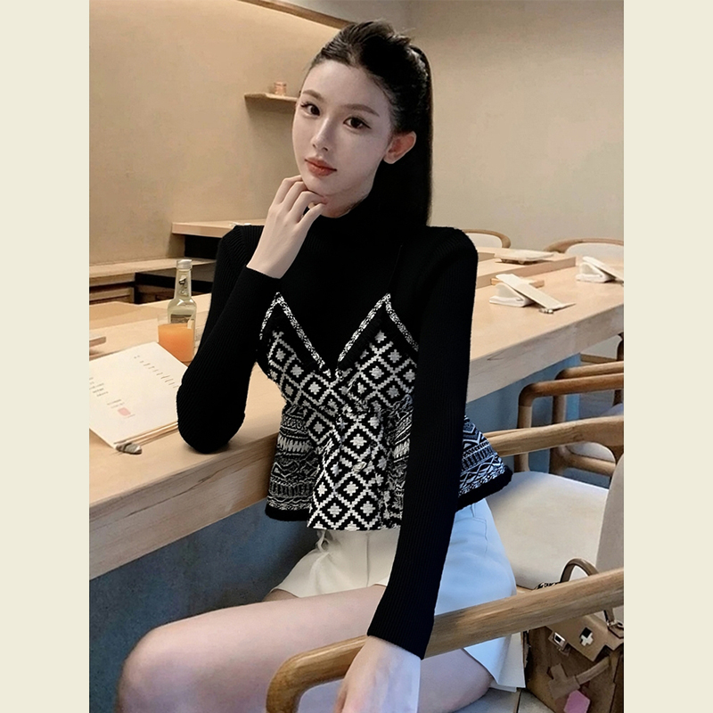 秋季独特别致绝美韩系上衣高级感超好看黑色针织衫吊带叠穿套装女