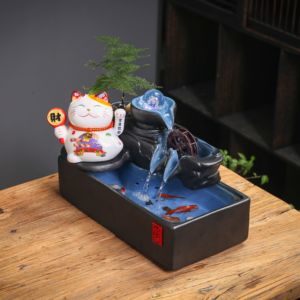 中式招财猫流水摆件循环流水生财客厅办公室桌面装饰开业送礼礼物
