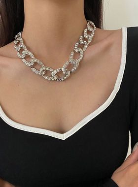 欧美风时髦古巴满钻粗链条项链 choker个性超酷颈链 时尚蹦迪项圈