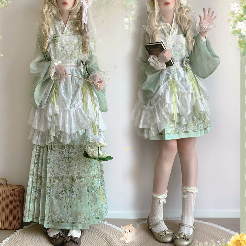 糖罐匣子原创汉洋折衷提花可抽绳刺绣罩裙短马面裙雪纺洛丽塔薄款