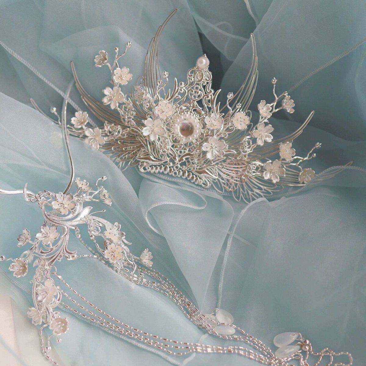 原创 纤凝 重工纯铜全套发冠长流苏发簪汉服配饰古风仙气发饰手工