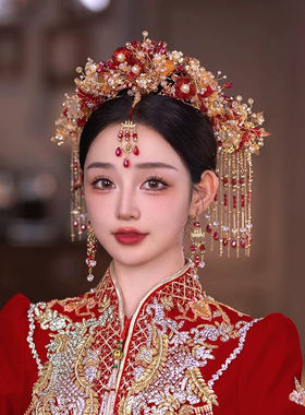 秀禾头饰新娘中式2025新款金红色简单大气结婚凤冠龙凤褂头饰高级