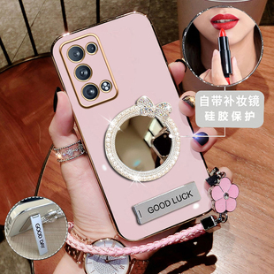 适用 opporeno6手机壳PEQM00硅胶补妆镜reno6pro新款保护套5G全包opporeon外壳peqm00潮女reon6带支架65g高档