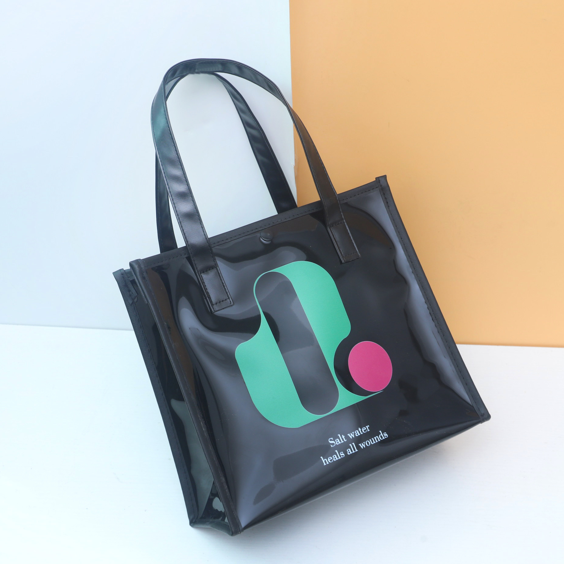 尚盈休闲风透明PVC手提包女字母印花轻便包包学生上班包时尚简约