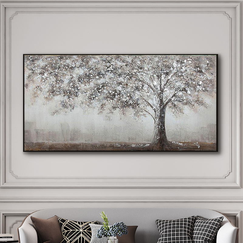 手绘客厅油画抽象发财树横版沙发背景墙装饰画极简纯手工油画图片