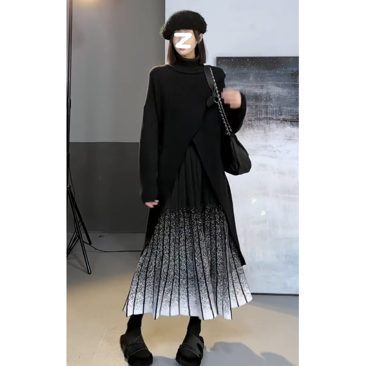 紫一小众设计感松紧腰晕染渐变针织半身裙女秋冬高腰显瘦遮跨长裙