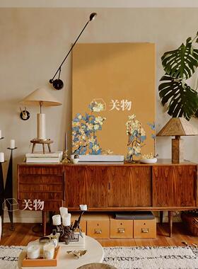 复古抽象梅花手绘油画黄色花卉客厅卧室装饰画中古风餐厅玄关挂画