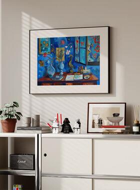 现代北欧风蓝色抽象花卉客厅餐厅卧室玄关装饰画背景墙横版挂画