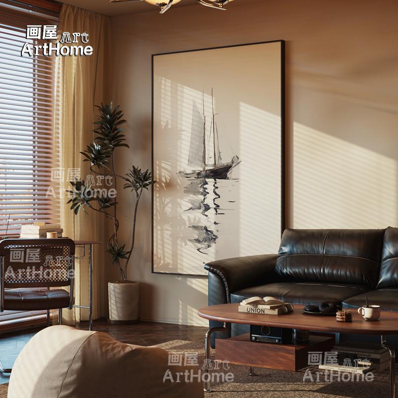 现代中古风水墨手绘丙烯画客厅茶室山水装饰画玄关新中式客厅挂画