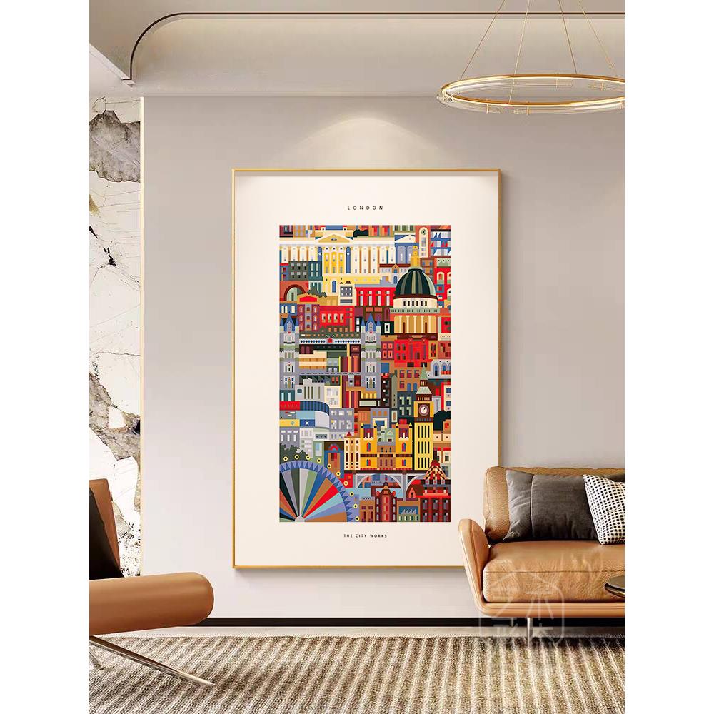 现代轻奢高级感客厅落地画沙发背景墙装饰画建筑风景壁画玄关挂画图片