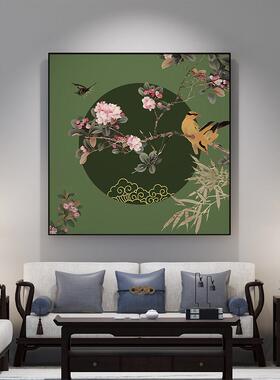 新中式花鸟装饰画墨绿色古典挂画样板房入户玄关大尺寸背景墙壁画