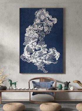新中式客厅玄关装饰画蓝色太湖石抽象艺术背景墙壁样板房竖版挂画