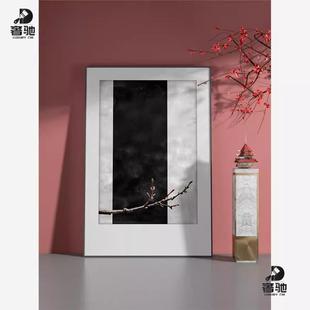 新中式复古风极简桃花枝条轻奢样板间客厅装饰画玄关壁画竖版挂画