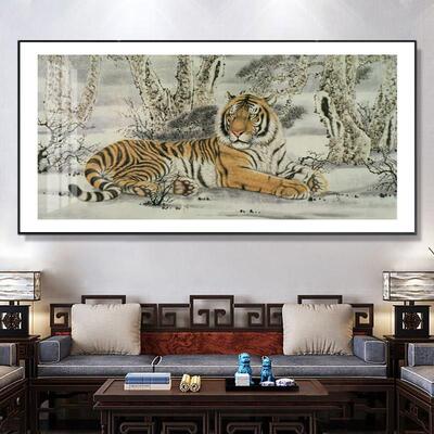 挂画中式图猛虎五福虎壁画客厅下山装饰画新图虎国画老虎卧虎上山