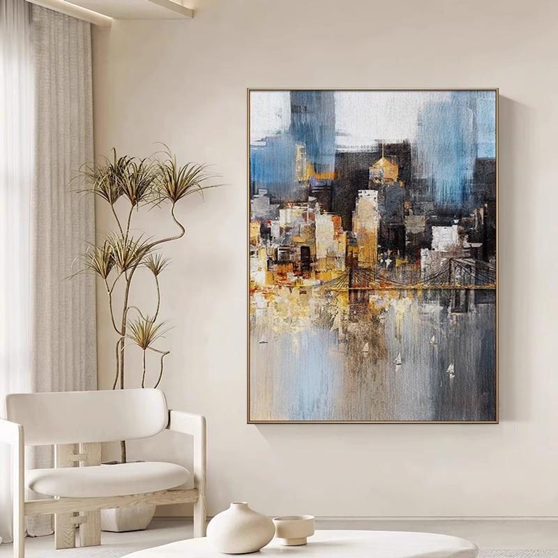 客厅抽象工业风挂画竖版城市之光壁画别墅玄关装饰画抽象城市之光图片