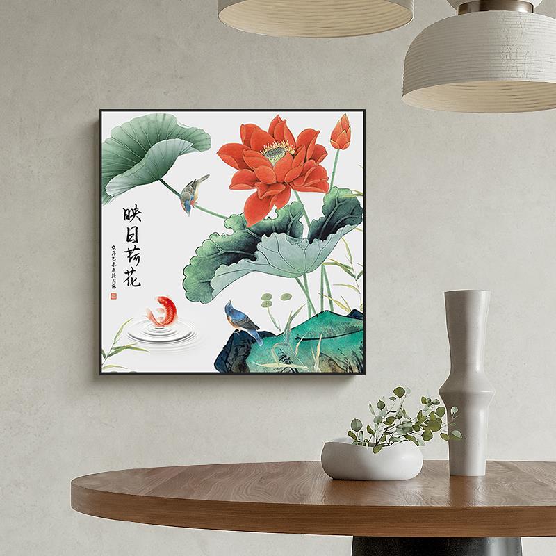 荷花九鱼新中式入户玄关装饰画正方形艺术壁画客厅沙发背景墙挂画图片