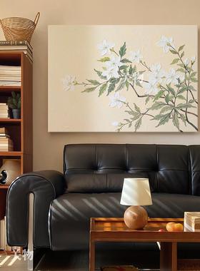 中古风白色花卉肌理纯手绘油画简约文艺客厅装饰画横幅背景墙挂画