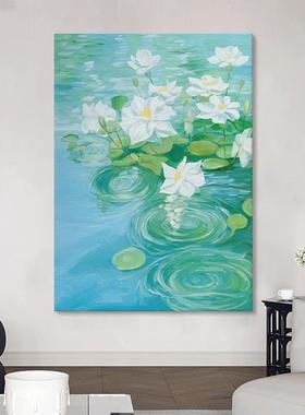 大芬村纯手绘白色荷花油画客厅花卉肌理画玄关莲花装饰画卧室挂画