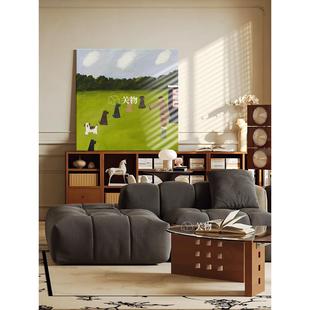 美式田园风格抽象人物客厅装饰画小狗手绘油画正方形现代玄关挂画