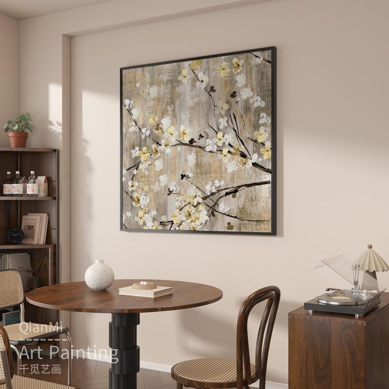 文艺复古书房茶室装饰画新中式入户玄关壁画抽象花卉客厅方形挂画图片
