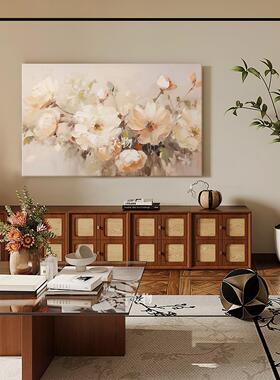 奶油风白色牡丹花肌理手绘油画客厅装饰画北欧风格横版大幅挂画