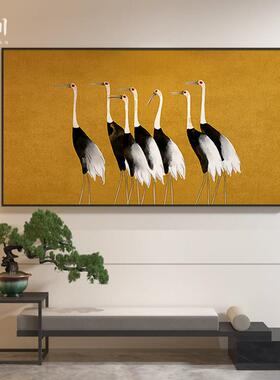 新中式客厅装饰画中国风黄色仙鹤高级感艺术卧室床头壁画横版挂画