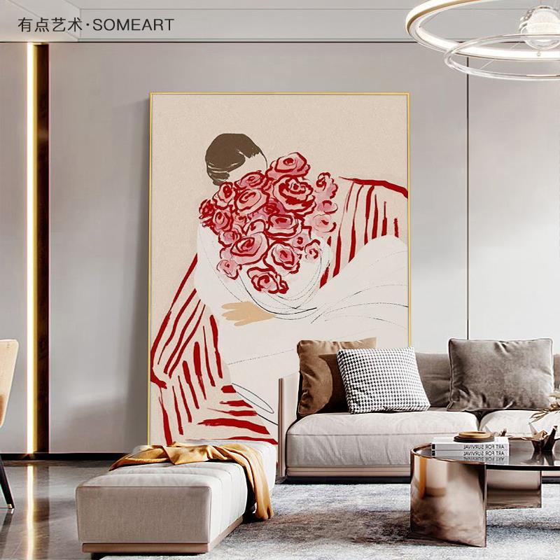 粉色奶油风客厅沙发背景墙装饰画治愈系人物卧室床头壁画玄关挂画