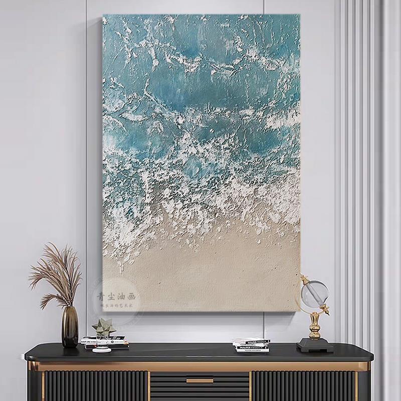 QC.ART手绘油画【左岸】蓝色海景肌理画客厅餐厅玄关入户背景挂画