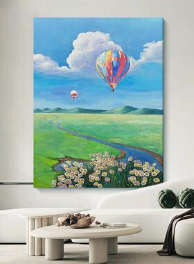 热气球手绘油画客厅绿色大草原风景装饰挂画玄关抽象艺术肌理壁画