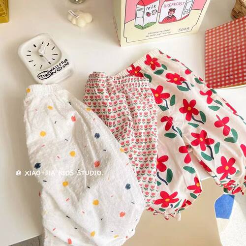 女童度假防晒裤儿童复古碎花亲子家夏百搭防蚊裤夏装印花中高腰沙