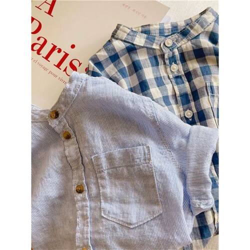 夏季新款~童童夏装衬衫格子条纹水洗棉衬衣宝宝立领短袖衫上衣