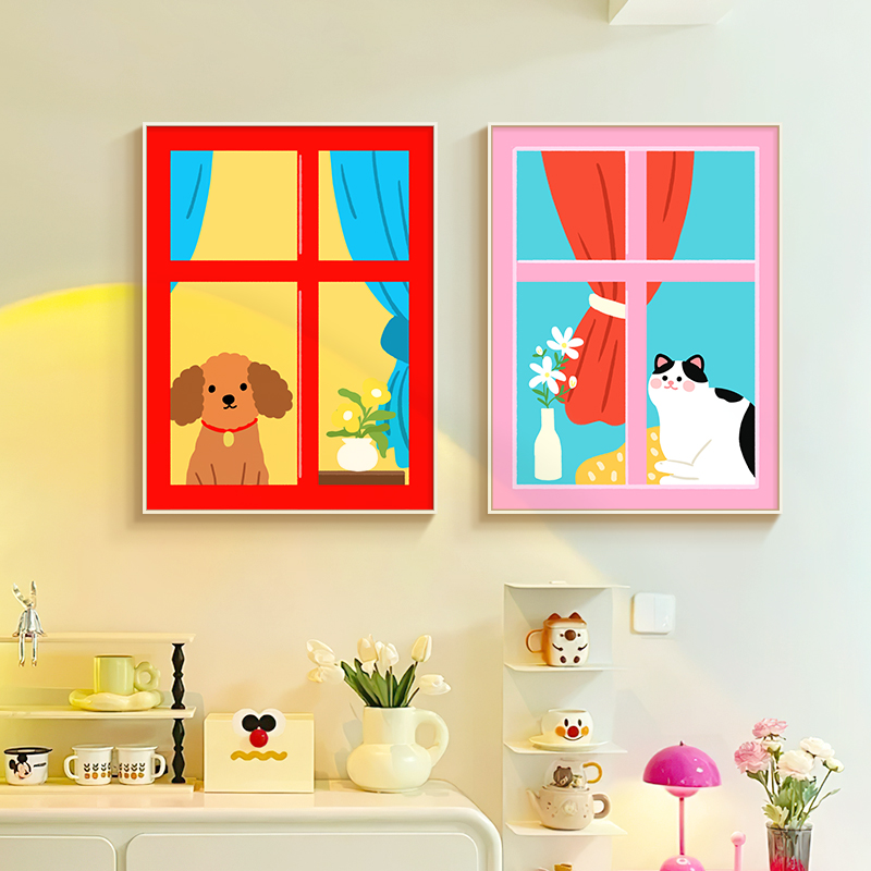 多巴胺客厅装饰画卡通动物餐厅挂画ins风小众卧室儿童房组合壁画图片