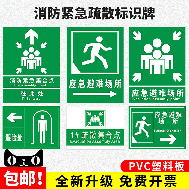 紧急疏散集合点消防疏散指示标志牌应急紧急出口避难场所地下防空洞