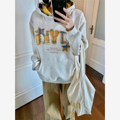 美式高街刺绣连帽卫衣女秋冬新款加绒加厚设计感小众宽松纯棉帽衫