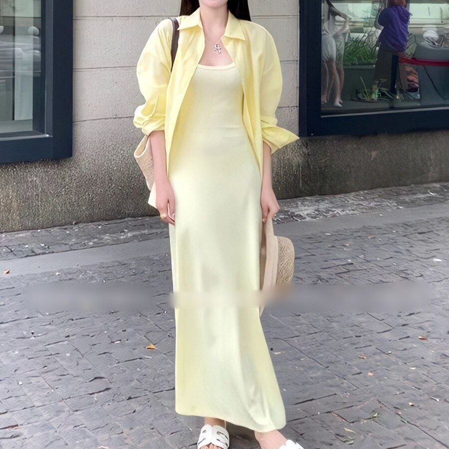 夏季2026年女装Polo领长袖衬衫外套上衣吊带连衣裙鱼尾长裙两件套