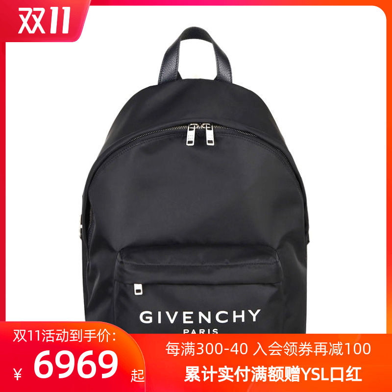 Givenchy纪梵希男黑色尼龙正面logo标双拉链开合双肩背包旅行书包