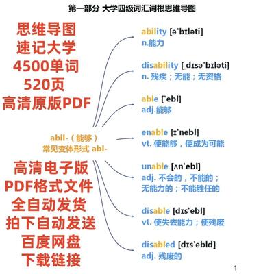 电子版思维导图速记大学英语四级4500个单词PDF词根词缀词汇