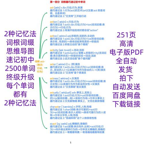 PDF电子版2种记忆法初中英语2500单词速记思维导图中考词汇词根