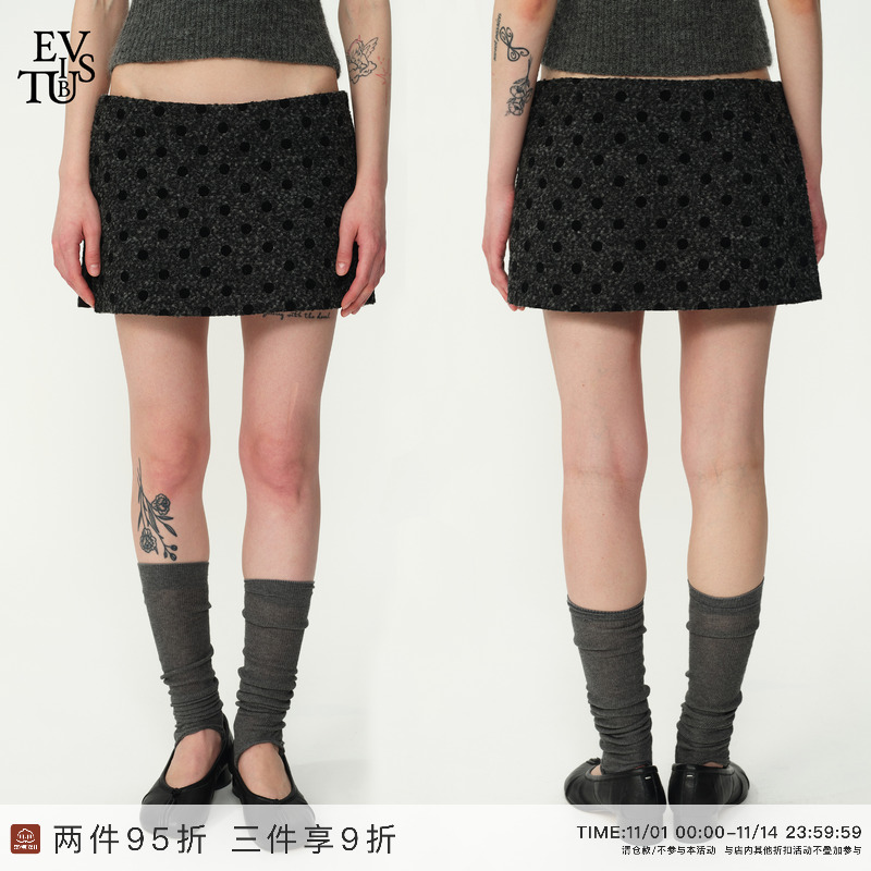 EVISTUB波点植绒时髦低腰半裙
