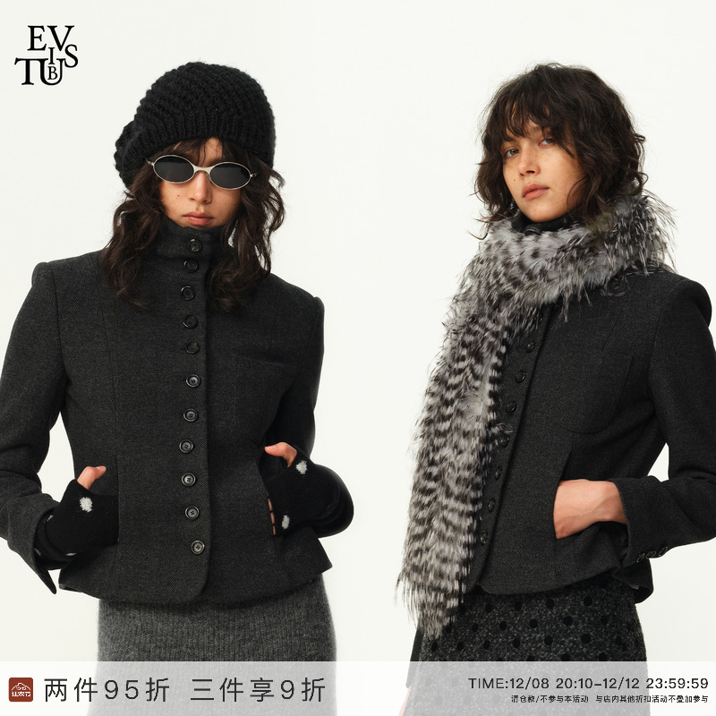 EVISTUB复古羊毛人字纹毛呢外套