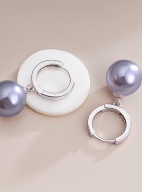 高贵紫色大贝珠925银耳环耳圈14mm大气仿珍珠耳坠耳扣女复古耳饰