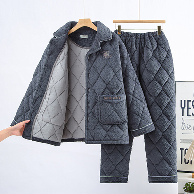 男士睡衣冬季加厚加绒三层夹棉珊瑚绒冬款保暖法兰绒家居服套装